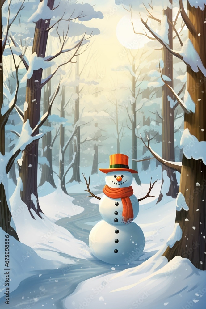 Obraz premium AI generated illustration of a cheerful snowman wearing a vibrant orange hat in the pristine winter