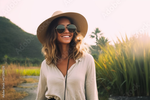 Joyful female tourist in sunglasses and straw hat walking at rural countryside during sunny day enjoying solo travelling in Vietnam, half length portrait of happy woman exploring tropical nature