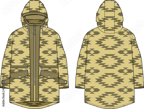 Hoodie fleece jacket design flat sketch Illustration, Hooded sweatshirt jacket with front and back view, hooded winter jacket for Men and women. for training, skiing, Running and workout in winter