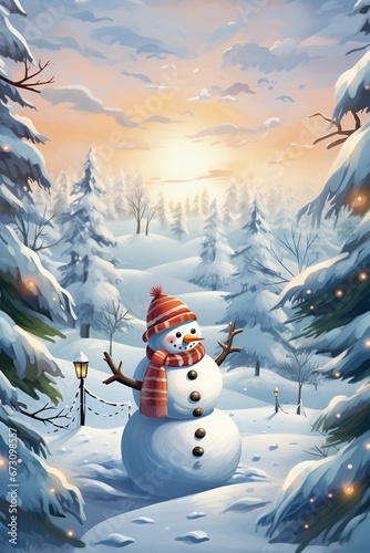 AI generated illustration of an idyllic winter scene with a snowman in the foreground © Wirestock