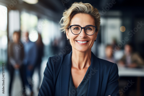 Leadership, portrait and business woman in the office with positive, happy and optimistic mindset, Happiness, smile and professional mature female executive boss standing with confidence in workplace