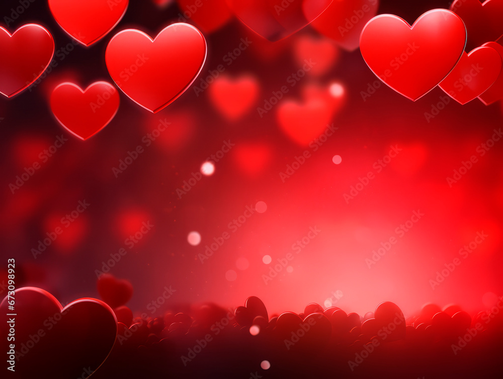 Red background with hearts for Valentine's Day with blur effect