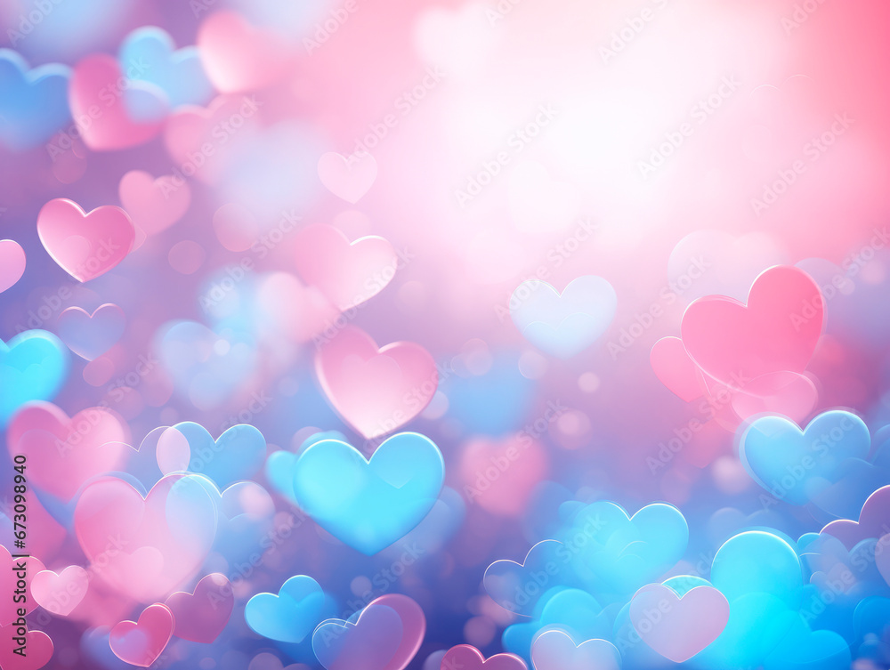 Pink and blue background with Valentine's Day hearts with blur effect 