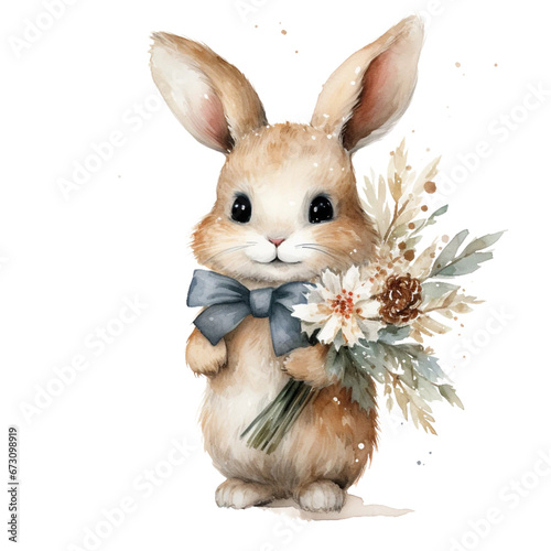 watercolor rabbits happy with flower photo