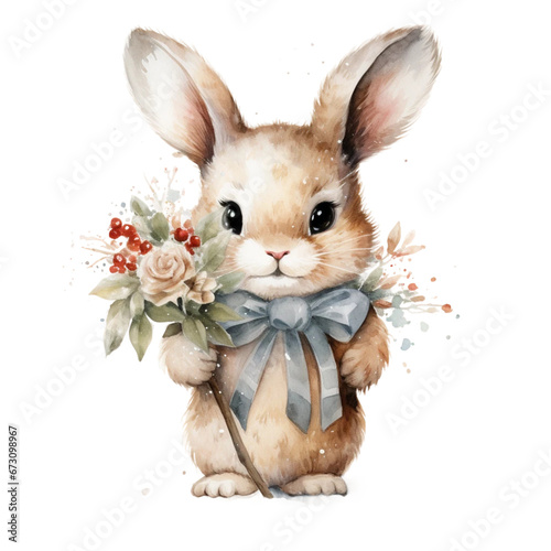 watercolor rabbits happy with flower © Phusita