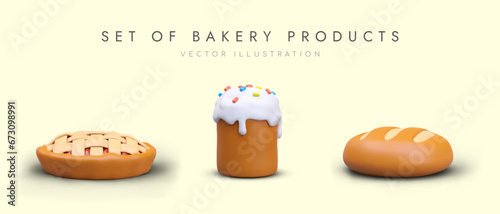 Set of bakery products. Round pie with jam, Easter cake with white cream and round loaf. Bakery concept. Vector illustration in 3d style with place for text