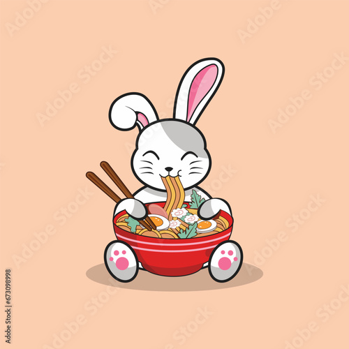 Cute rabbit eating ramen noodle vector cartoon flat illustration