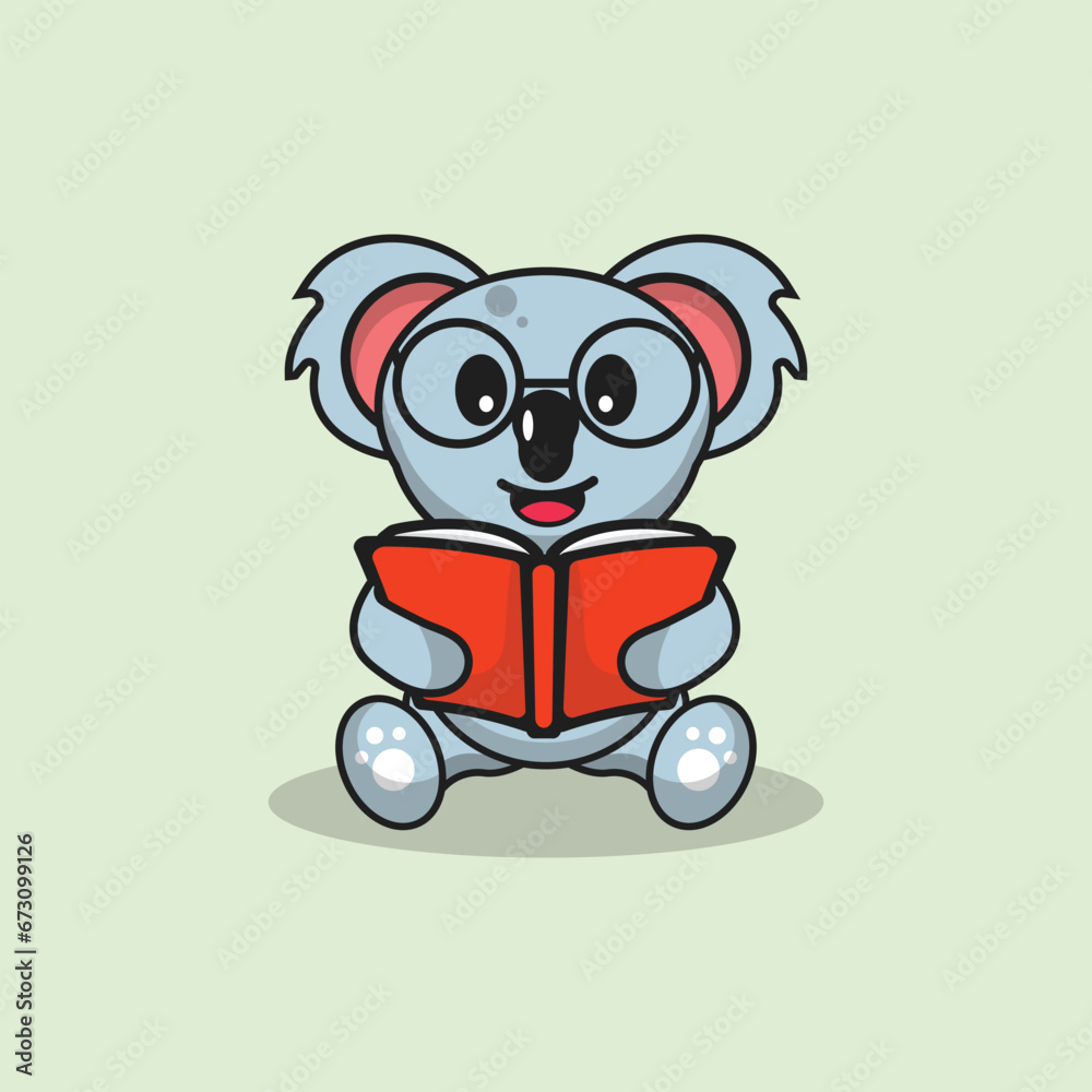 Cute Koala wear glasses with book Cartoon Vector Flat Illustration Studying Animal Icon