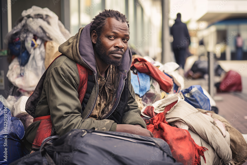 Portrait of a young homeless man Amidst Personal Belongings on a City Street, Urgency of Social Awareness concept