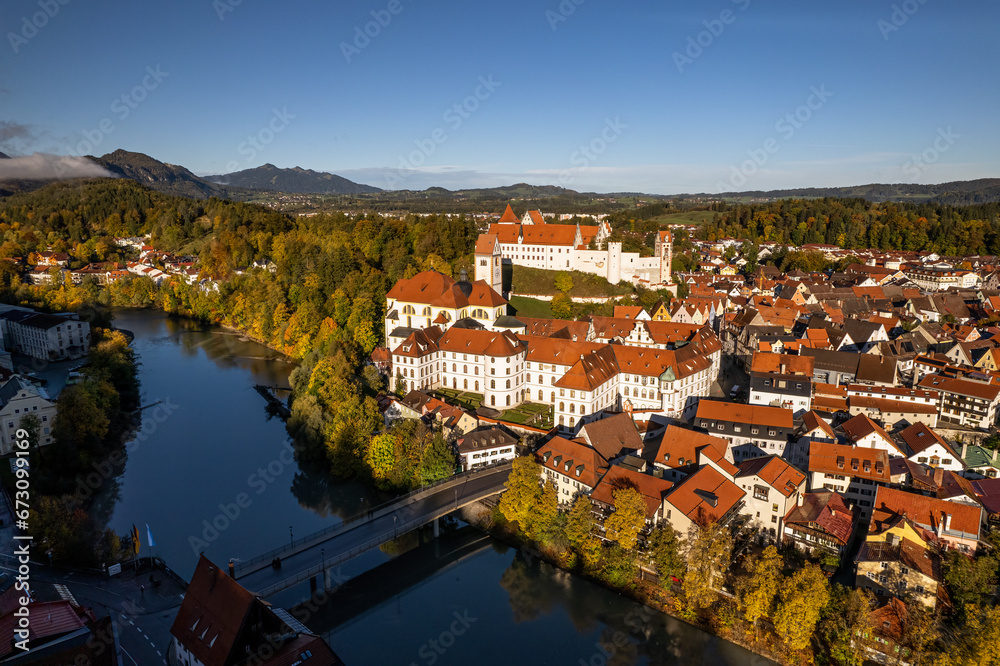 Aerial view of the High Castle in Fussen, Germany.  Hohes Schloss, The Gothic High Castle of the Bishops of Augsburg is located on a hill above the old town of Füssen in Swabia.