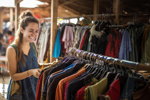 Joyful Young Woman Enjoying Sustainable Shopping at a Sunlit Outdoor Flea Market, Searching Through Second-Hand Clothes on Racks, Slow Fashion photo
