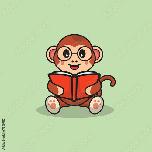 Cute Monkey wear glasses with book Cartoon Vector Flat Illustration Studying Animal Icon