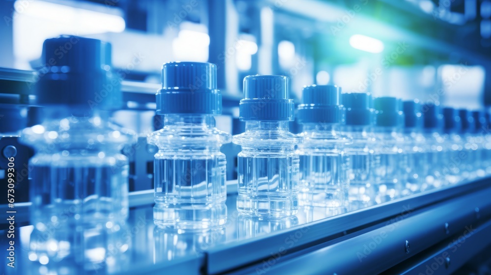 Medical vials on production line at pharmaceutical factory, blurry background, copy space, 16:9 Medical vials on production line at pharmaceutical factory, blurry background, copy space, 16:9