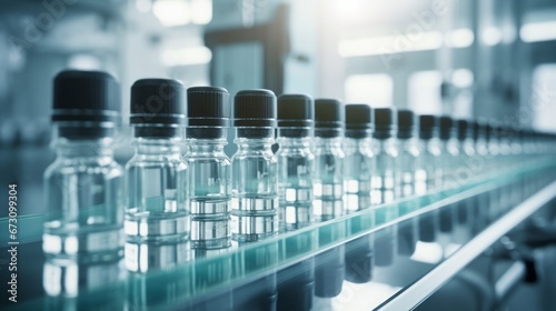 Medical vials on production line at pharmaceutical factory, blurry background, copy space, 16:9