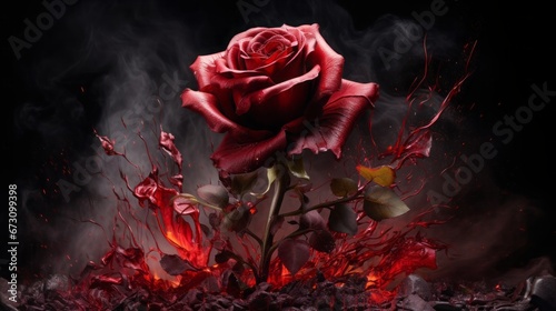red rose ,black background, concept: love and tragedy, copy space, 16:9