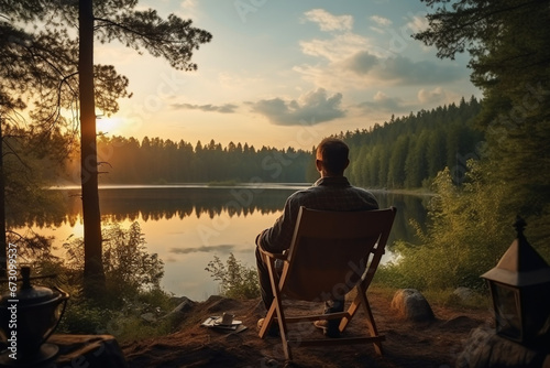 Man is sitting in a camping chair on the background of a forest lake on a beautiful summer evening