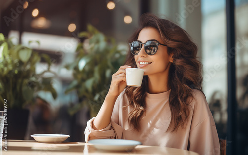 Beautiful dark-haired woman in glasses enjoying morning coffee outdoors, charming girl drinking coffee.