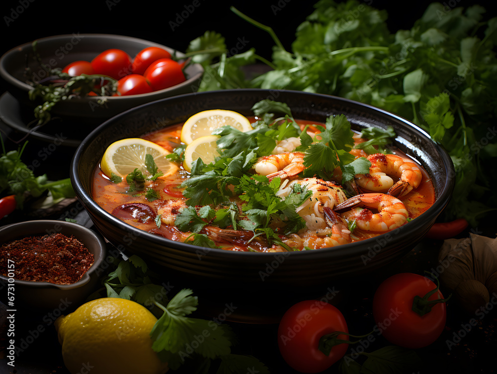 Tom Yum soup, indulge in the tantalising flavours of this spicy and sour shrimp soup, infused with aromatic herbs and spices