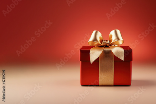 Stylish red gift box with golden ribbon and bow on red background. Copy space . Abstract giving present concept