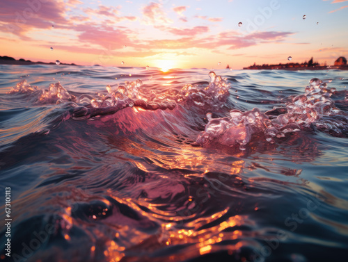 Blue sea water rippling, reflecting the pink light of sundown in a full frame background.