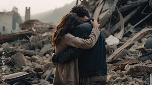 they hugged sadly seeing their home destroyed by war