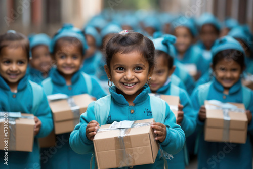 Happy kids with gift boxes in hand in the International Day of Charity