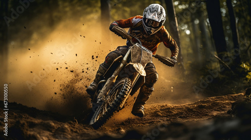 Motocross motorbike motorcycle rider on blurred mud dirt rainy mountain road © BeautyStock