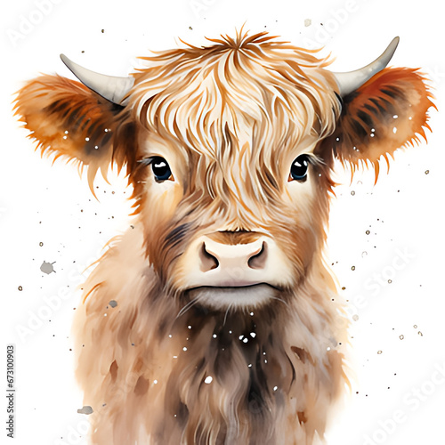 cute baby highland cow watercolor illustration photo