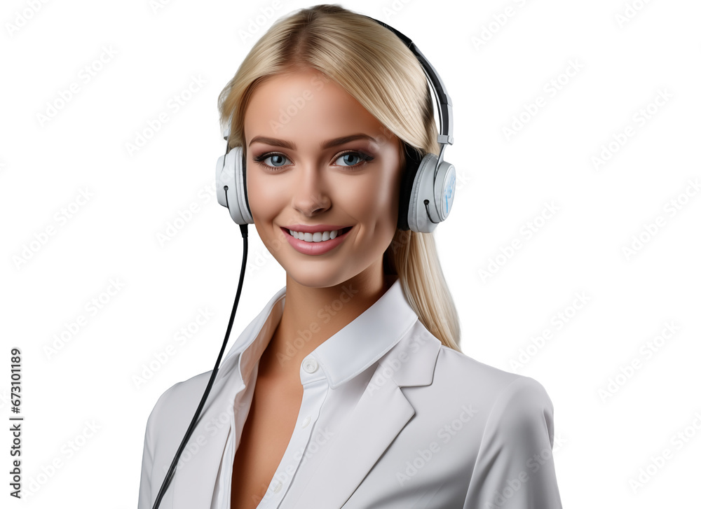 portrait of a young woman customer service representative wearing headphones in white clothes with a gentle smile, providing support and assistance for call center portrait of a young woman customer service representative wearing headphones in white clothes with a gentle smile, providing support and assistance for call center
