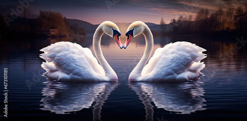 Fototapeta Naklejka Na Ścianę i Meble -  A picture of two swans in the pond, at night.