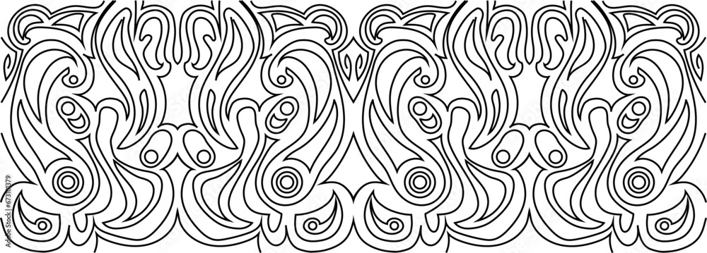 Wavy and swirling brush strokes. Vector seamless pattern. Curved lines and wavy line patterns. Seamless horizontal banner with doodle wavy lines. Black on a transparent background.