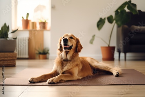 golden retriever dog on yoga mat at modern minimal home interior with green plants