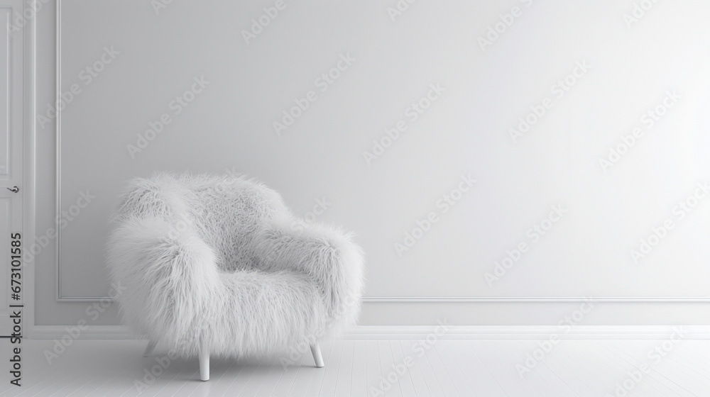 Minimal interior design of a empty white room with fur armchair. Copy space. Boho style. Generative AI - obrazy, fototapety, plakaty 