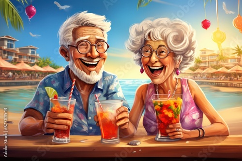 Senior couple drinking cocktails, celebrating christmas party at tropical island beach bar. Retired man and woman at new year party on vacation illustration.