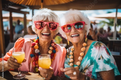 Happy smiling senior women in sunglasses having fun drinking cocktails on vacation. Female friends traveling in summer on cruise ship.