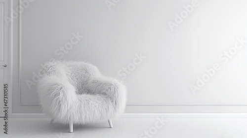 Minimal interior design of a empty white room with fur armchair. Copy space. Boho style. Generative AI