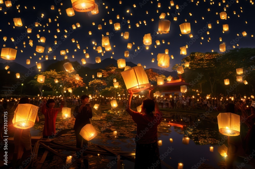 people releasing sky lanterns at night during Yi Peng Lantern festival celebration. Traditional holiday of Thailand.