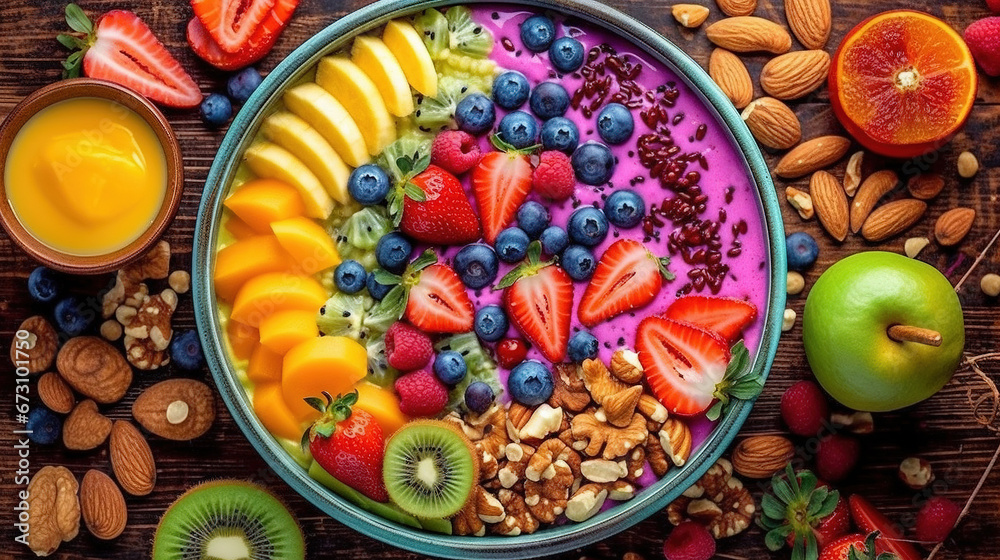 A Colorful and Vibrant Smoothie Bowl on Selective Focus Background