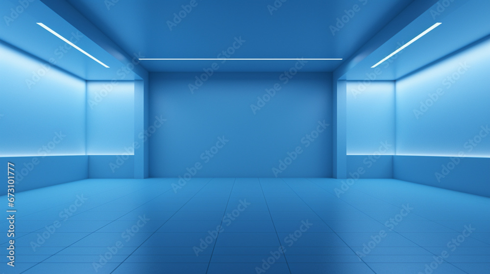 Interior of a sleek futuristic blue corridor with glowing neon light accents and geometric design elements. Copy space. Generative AI Interior of a sleek futuristic blue corridor with glowing neon light accents and geometric design elements. Copy space. Generative AI