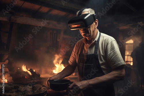 adult male worker in virtual reality glasses against the background of a fireplace with a plate.Generative AI