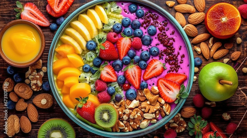 A Colorful and Vibrant Smoothie Bowl on Selective Focus Background