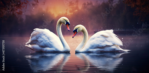 Fototapeta Naklejka Na Ścianę i Meble -  A picture of two loving white swans in the center of the lake.
