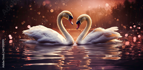 Fototapeta Naklejka Na Ścianę i Meble -  A picture of two white swans in the water with hearts in the water. Sparkles.