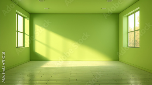  Interior simple lime room, apartment. Stylish walls and floor. Empty place, background. Generative AI