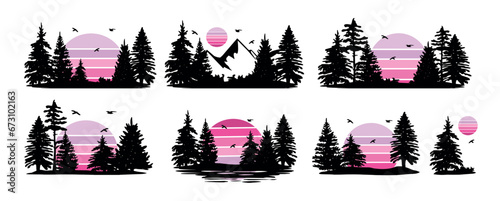 forest silhouette and pink sun vector set