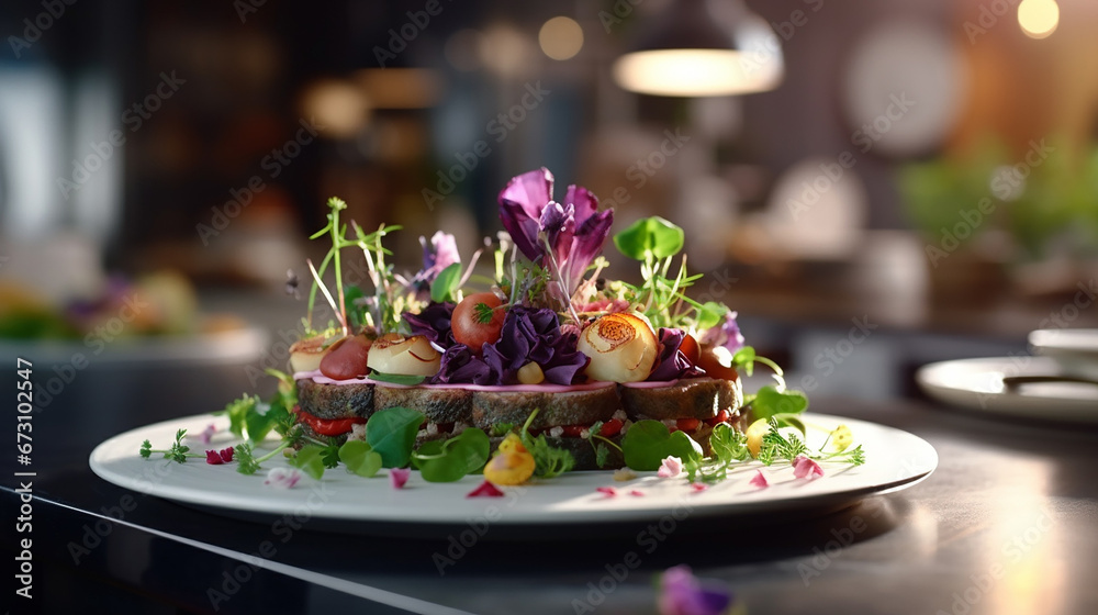 meat dish decorated with edible flowers and microgreens, super food.Generative AI