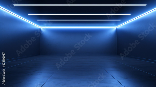 Interior of a modern futuristic empty room. Blue walls and neon light. Apartment with minimal design. Copy space. Generative AI © Катерина Нагірна