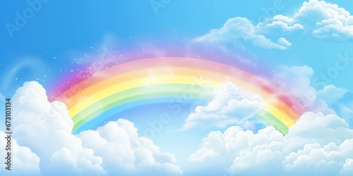 Rainbow in the sky among the clouds. A fabulous fantasy image of a colorful rainbow bridge in bright sunlight shining in the cloudscape. Created by Generative AI © bagotaj