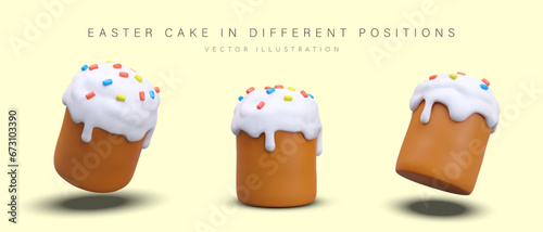 Easter cake in different positions with white cream. Poster with delicious bread for holiday. Bakery concept. Vector illustration in 3d style with place for text