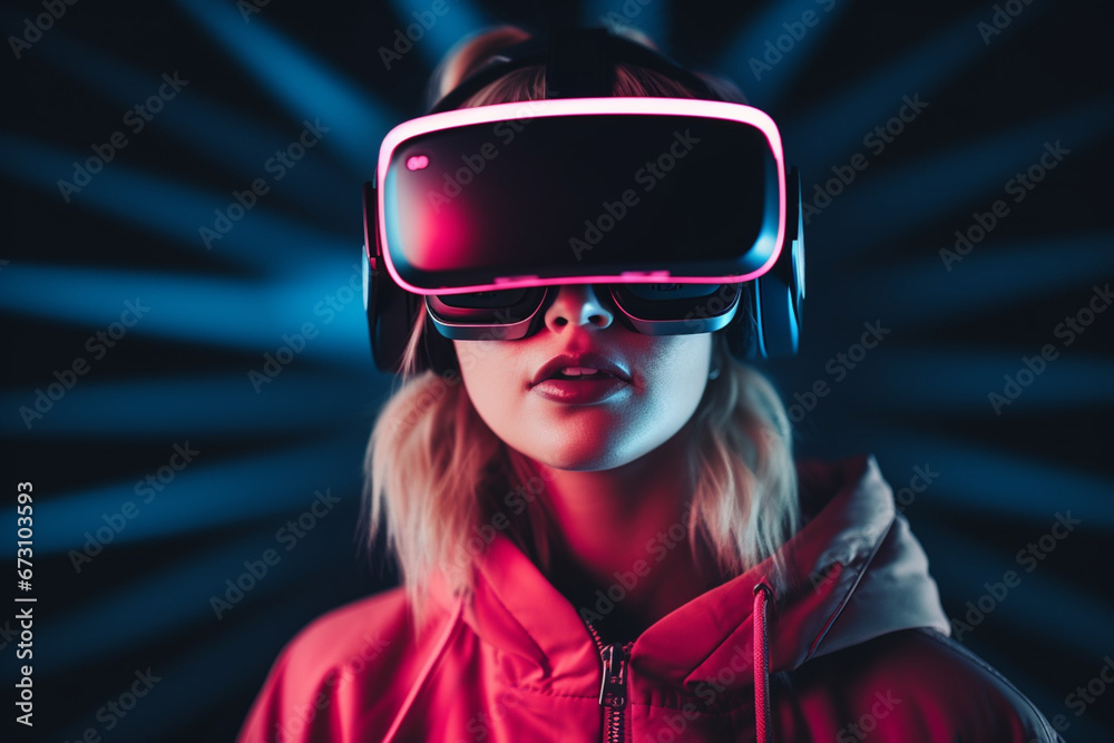 Neon portrait of young woman wearing virtual reality headset